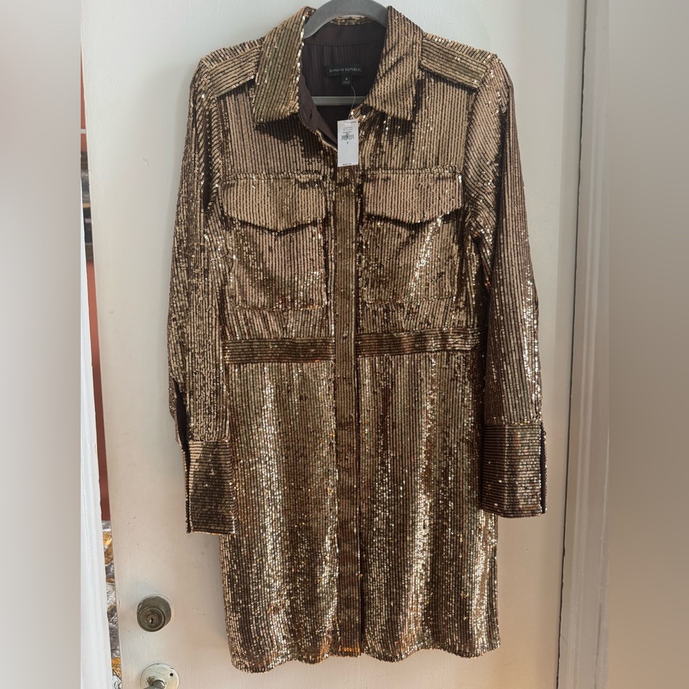 Banana Republic Shimmering Gold Sequin Shirtdress Dress